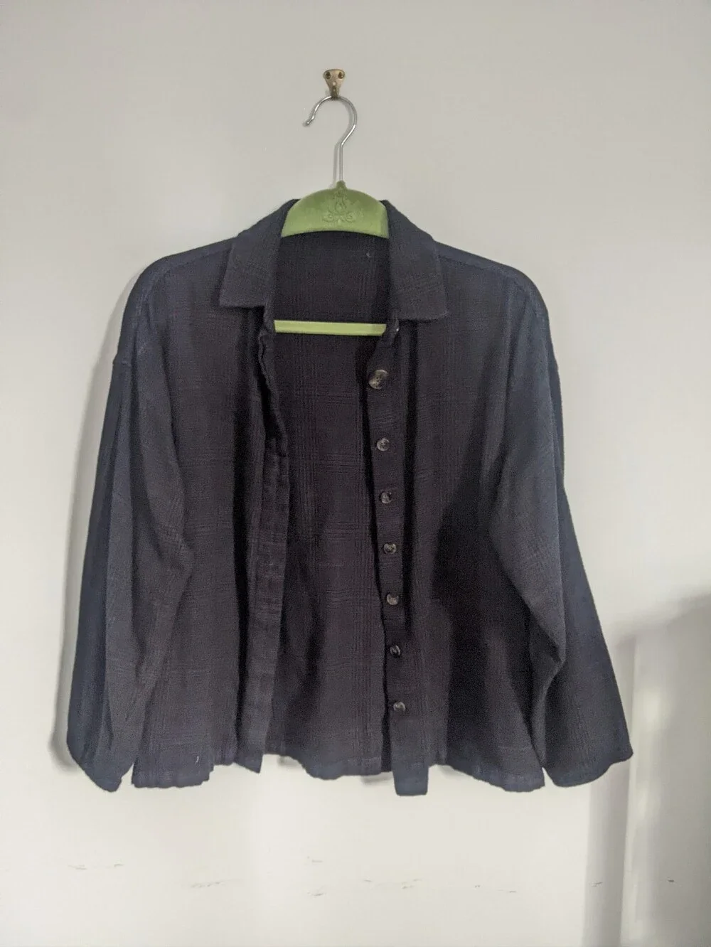 black dark grey plaid button up cotton shirt